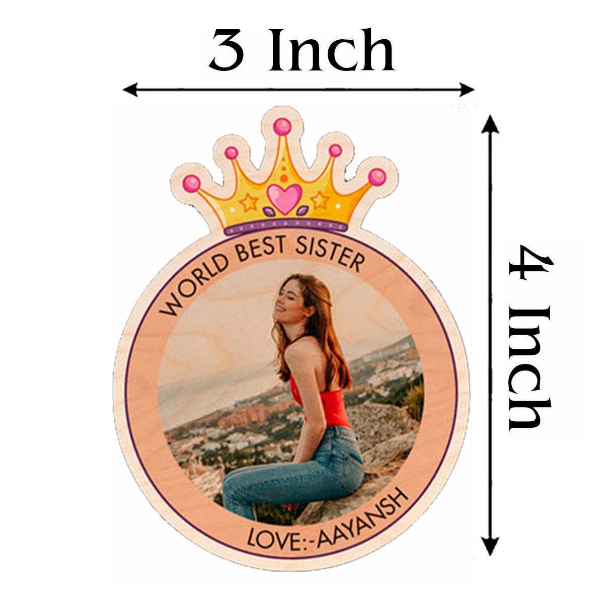 World Best Sister Magnet in Wood with Crown Circle Photo Design - Sblossom