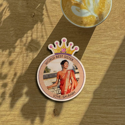 World Best Sister Magnet in Wood with Crown Circle Photo Design - Sblossom