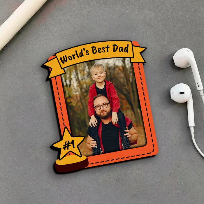 Worlds Best Dad Banner Magnet in Wood with Trophy Print Design - Sblossom