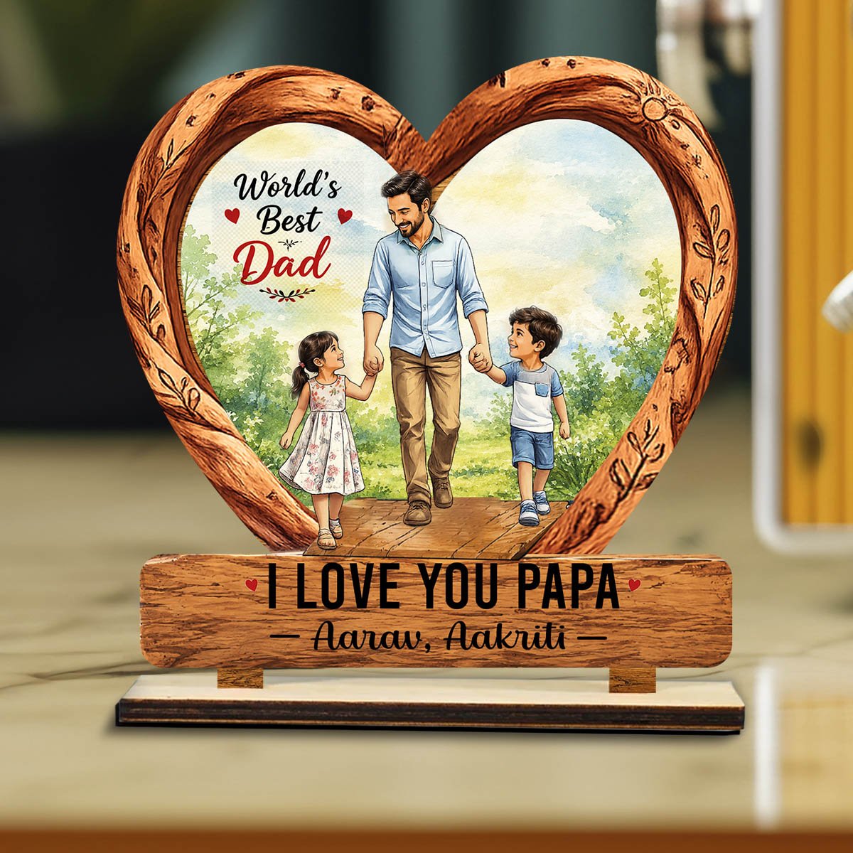 Worlds Best Dad Wooden Standee with Personalized Name Keepsake, 7x7.5 Inch - Sblossom