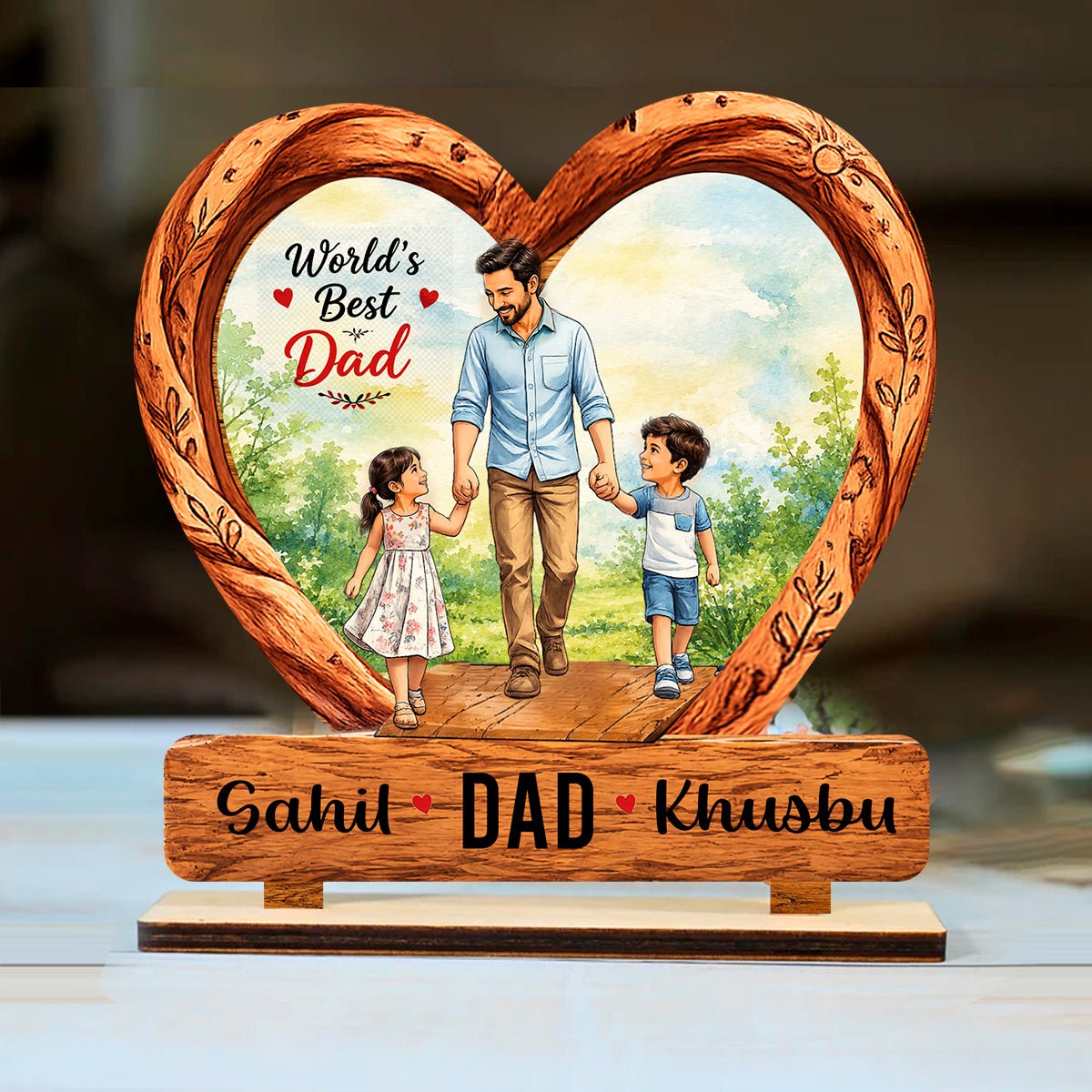Worlds Best Dad Wooden Standee with Personalized Name Keepsake, 7x7.5 Inch - Sblossom