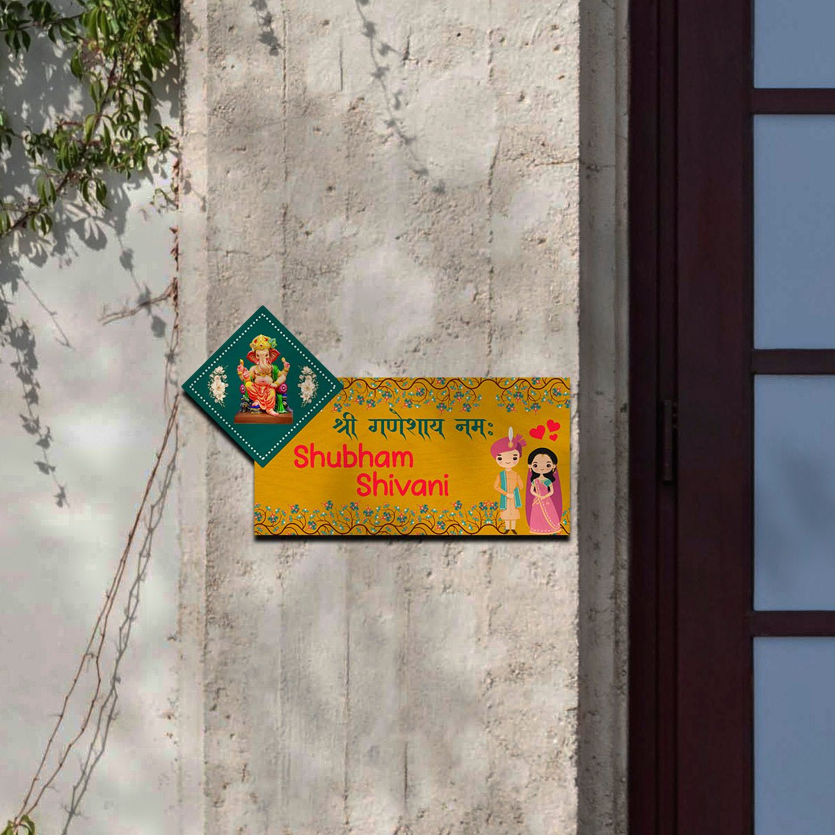 Yellow Ganesha Blessing Name Plate for Main Door - Sblossom