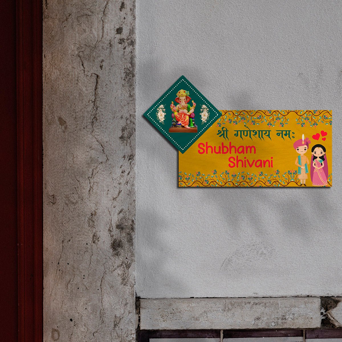 Yellow Ganesha Blessing Name Plate for Main Door - Sblossom
