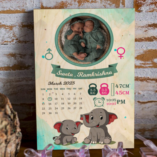 Twins Baby Birthday Wood Print | Personalized - Image 2