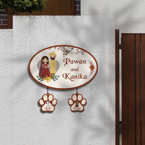 Personalized | Punjabi Couple Theme Name Plate With Two Pet' Paw Sign - Image 2