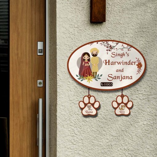 Personalized | Punjabi Couple Theme Name Plate With Two Pet' Paw Sign - Image 3