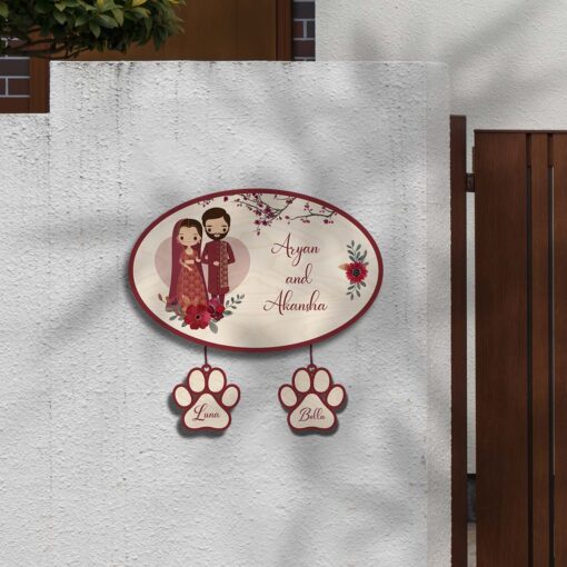 Personalized | Oval Couple Theme Name Plate With Two Pet'S Paw - Image 4