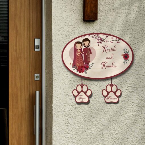 Personalized | Oval Couple Theme Name Plate With Two Pet'S Paw - Image 2