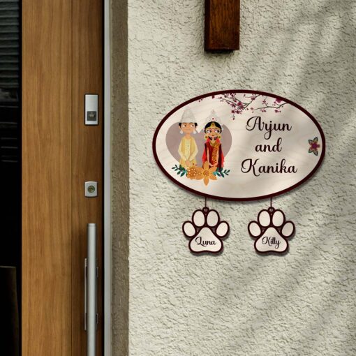 Personalized | Bengali Couple With Two Pet'S Paw Sign Theme | Wooden Name Plate - Image 5