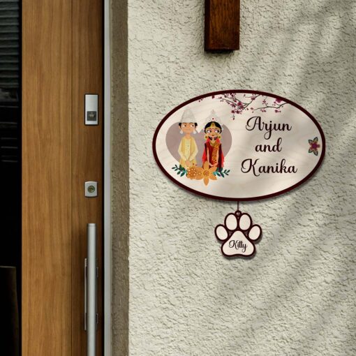 Personalized | Bengali Couple With Two Pet'S Paw Sign Theme | Wooden Name Plate - Image 7