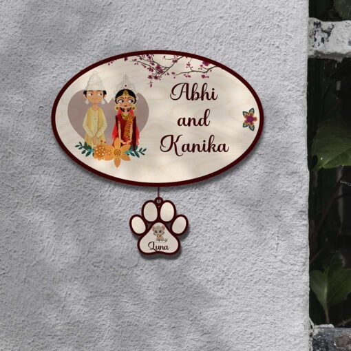 Personalized | Bengali Couple With Two Pet'S Paw Sign Theme | Wooden Name Plate