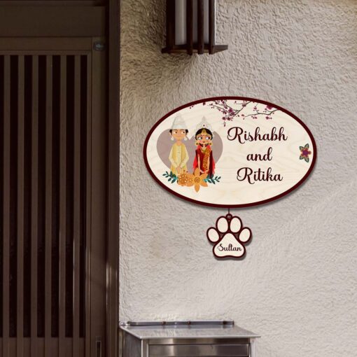 Personalized | Bengali Couple With Two Pet'S Paw Sign Theme | Wooden Name Plate - Image 9