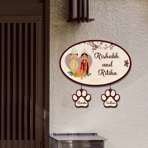 Personalized | Bengali Couple With Two Pet'S Paw Sign Theme | Wooden Name Plate - Image 2