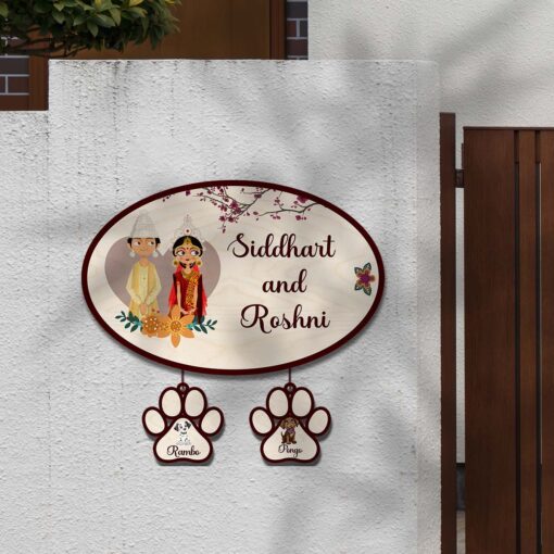 Personalized | Bengali Couple With Two Pet'S Paw Sign Theme | Wooden Name Plate - Image 3