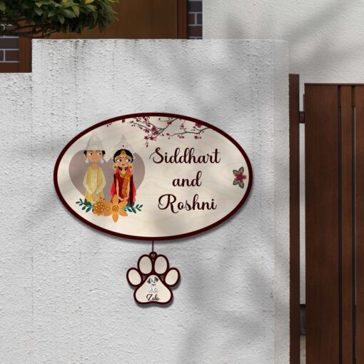 Personalized | Bengali Couple With Two Pet'S Paw Sign Theme | Wooden Name Plate - Image 10